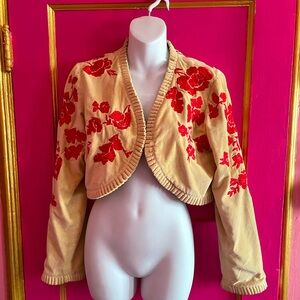Odille cream velvet bolero jacket with red silk embroidered flowers Size 8
